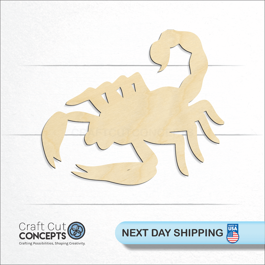 Craft Cut Concepts logo and next day shipping banner with an unfinished wood Scorpion craft shape and blank