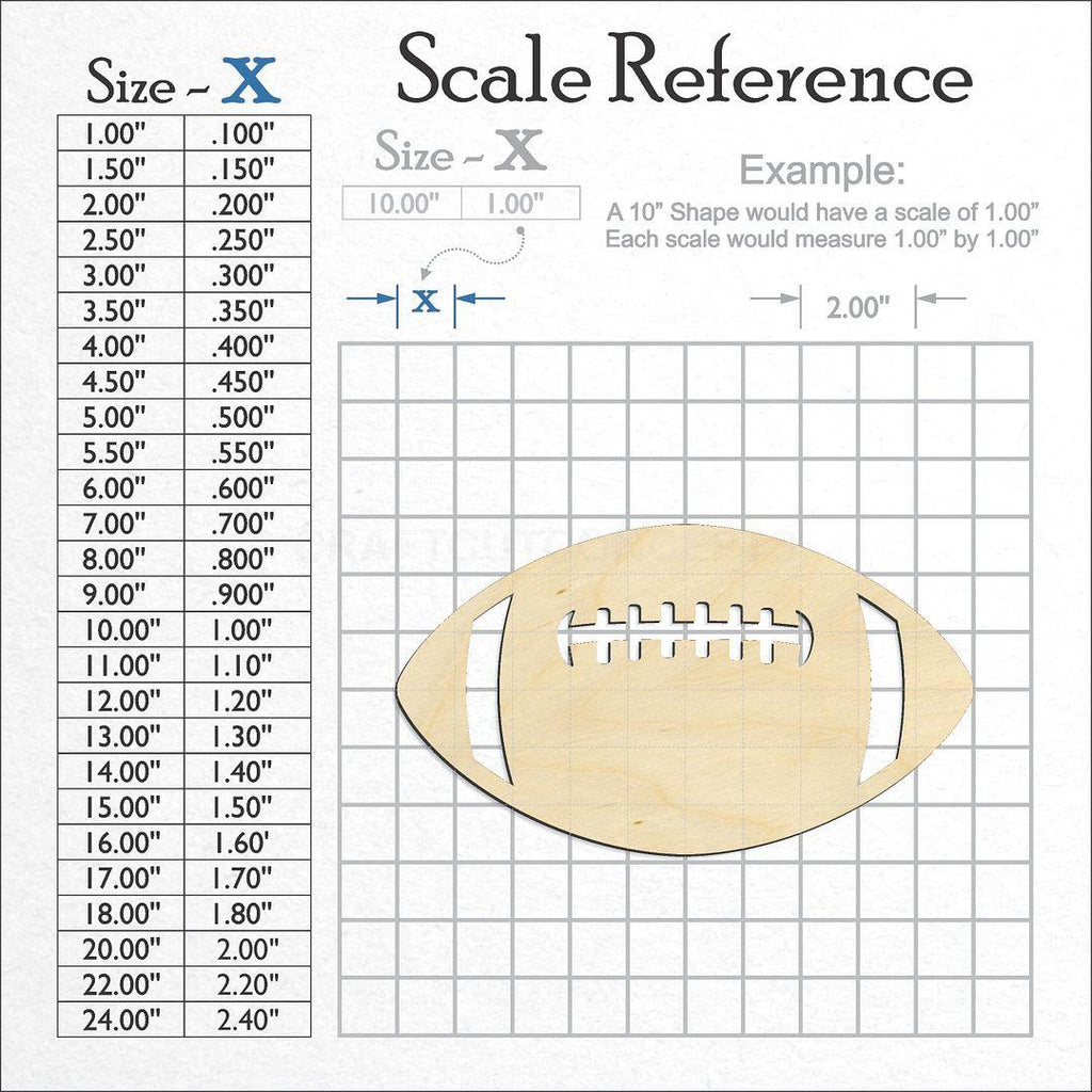 A scale and graph image showing a wood Football With Laces craft blank