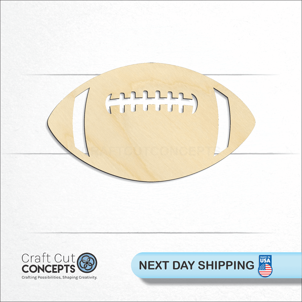 Craft Cut Concepts logo and next day shipping banner with an unfinished wood Football With Laces craft shape and blank