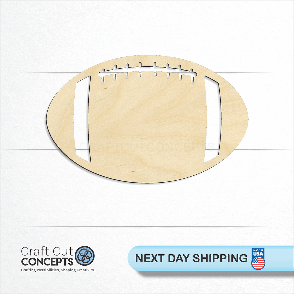 Craft Cut Concepts logo and next day shipping banner with an unfinished wood Football With Laces craft shape and blank