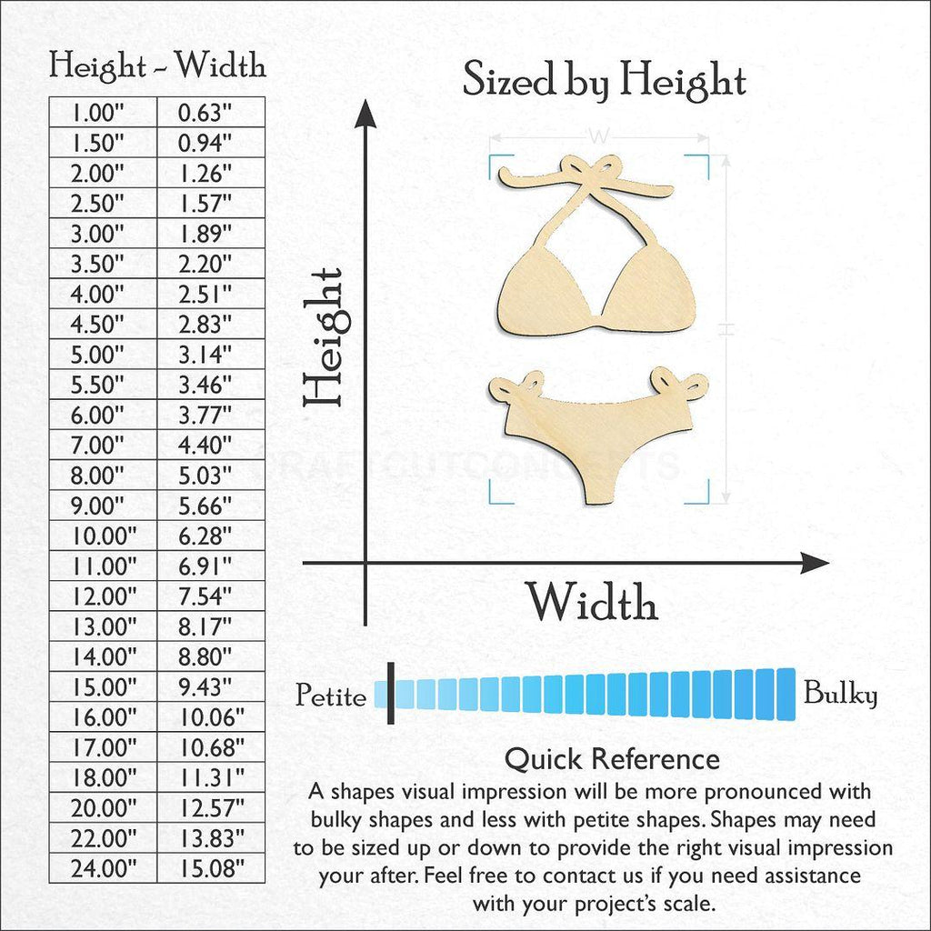 Sizes available for a laser cut Bikini craft blank