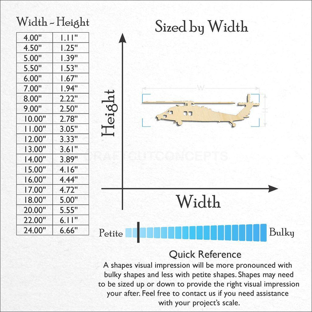 Sizes available for a laser cut BlackhawkHelicopter craft blank