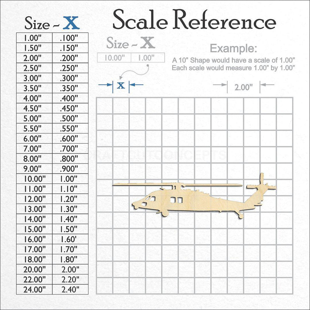 A scale and graph image showing a wood BlackhawkHelicopter craft blank