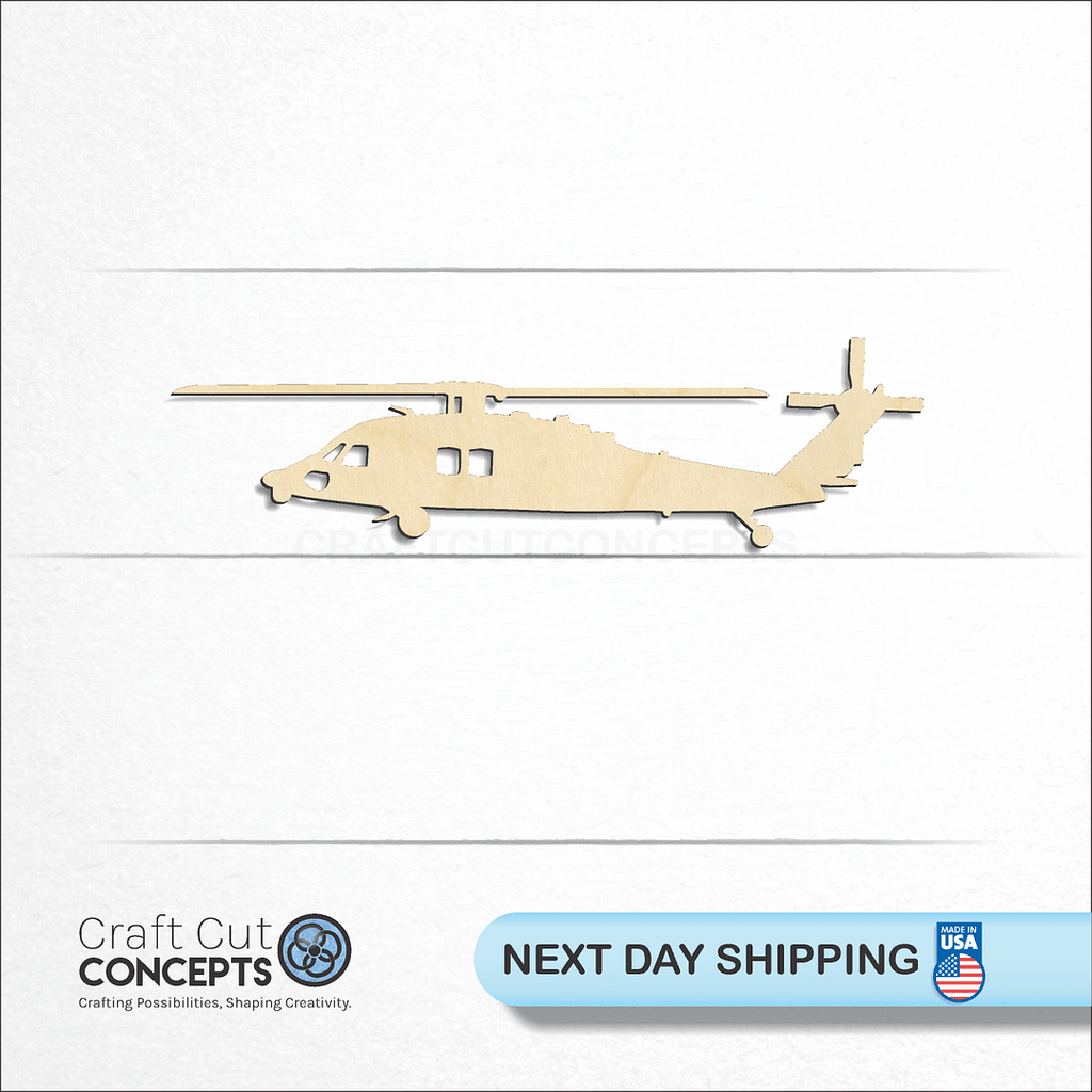 Craft Cut Concepts logo and next day shipping banner with an unfinished wood BlackhawkHelicopter craft shape and blank