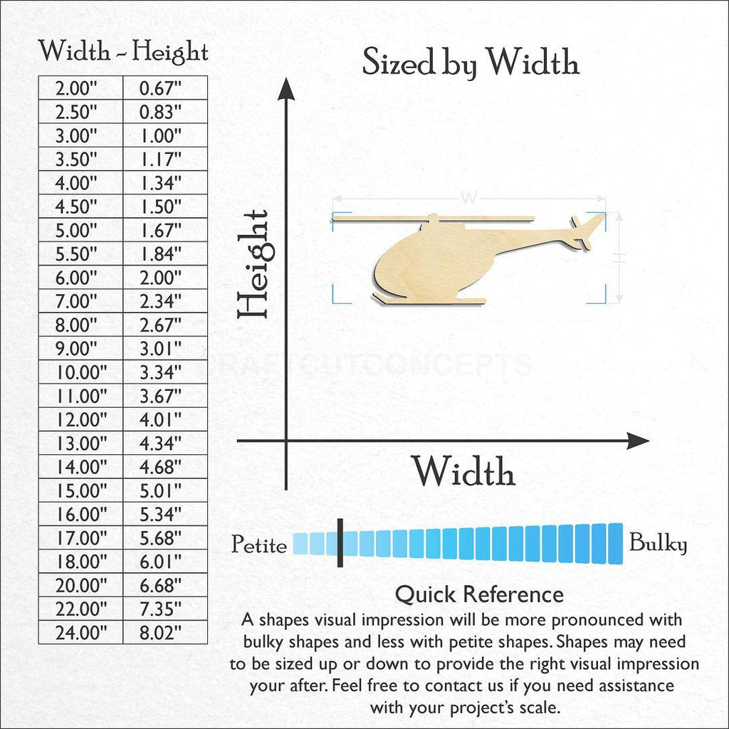 Sizes available for a laser cut Helicopter craft blank