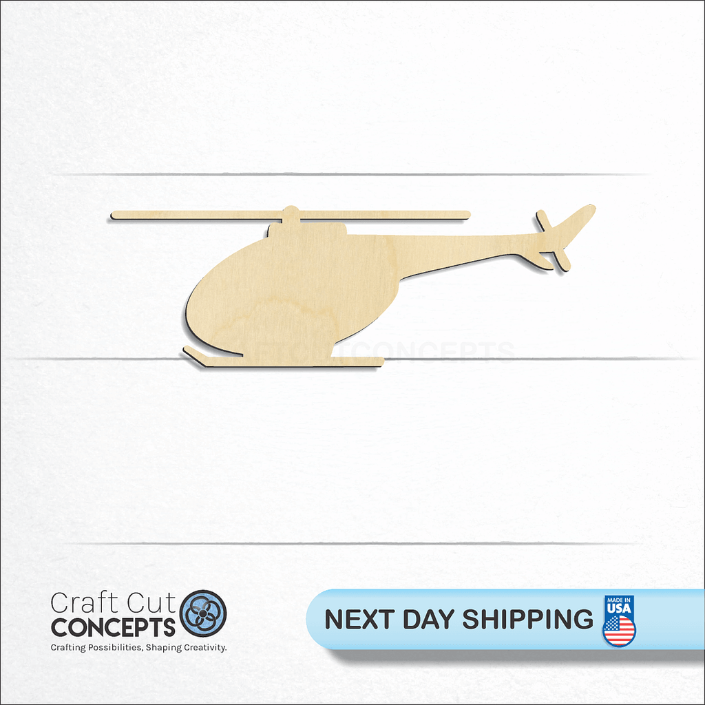 Craft Cut Concepts logo and next day shipping banner with an unfinished wood Helicopter craft shape and blank