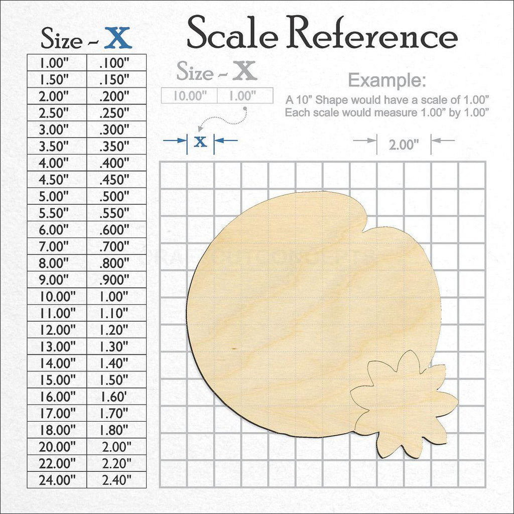 A scale and graph image showing a wood Lily Pad with flower craft blank