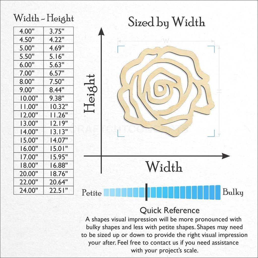 Sizes available for a laser cut Rose craft blank