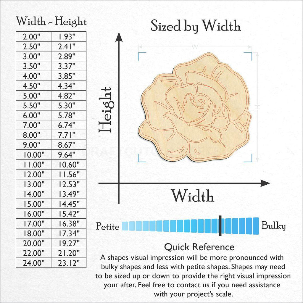 Sizes available for a laser cut Rose craft blank