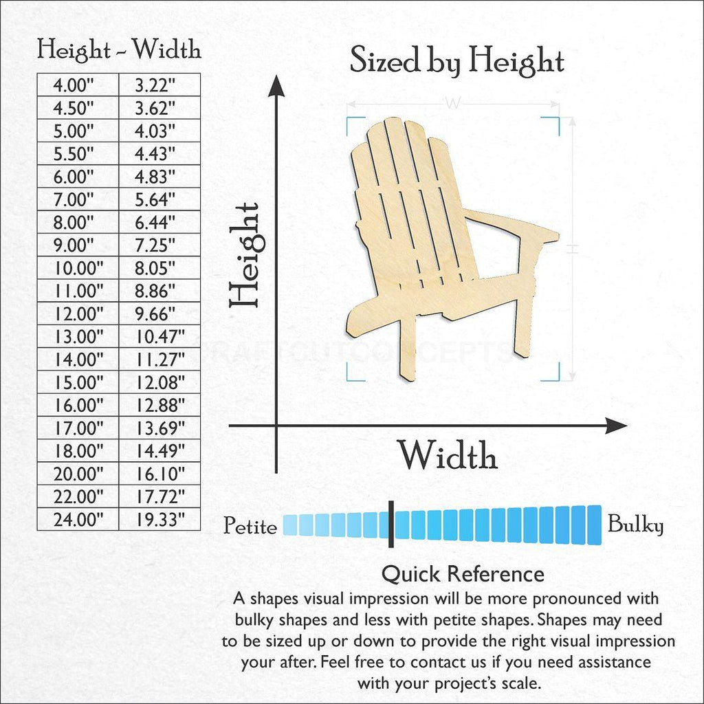 Sizes available for a laser cut Adirondack Chair craft blank