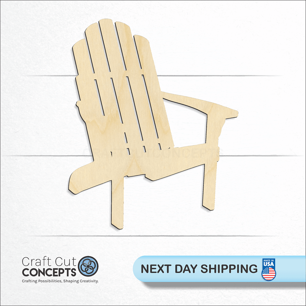 Craft Cut Concepts logo and next day shipping banner with an unfinished wood Adirondack Chair craft shape and blank