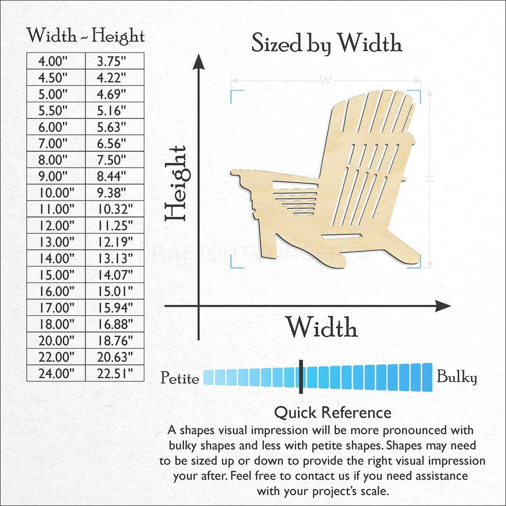 Sizes available for a laser cut Adirondack Chair craft blank