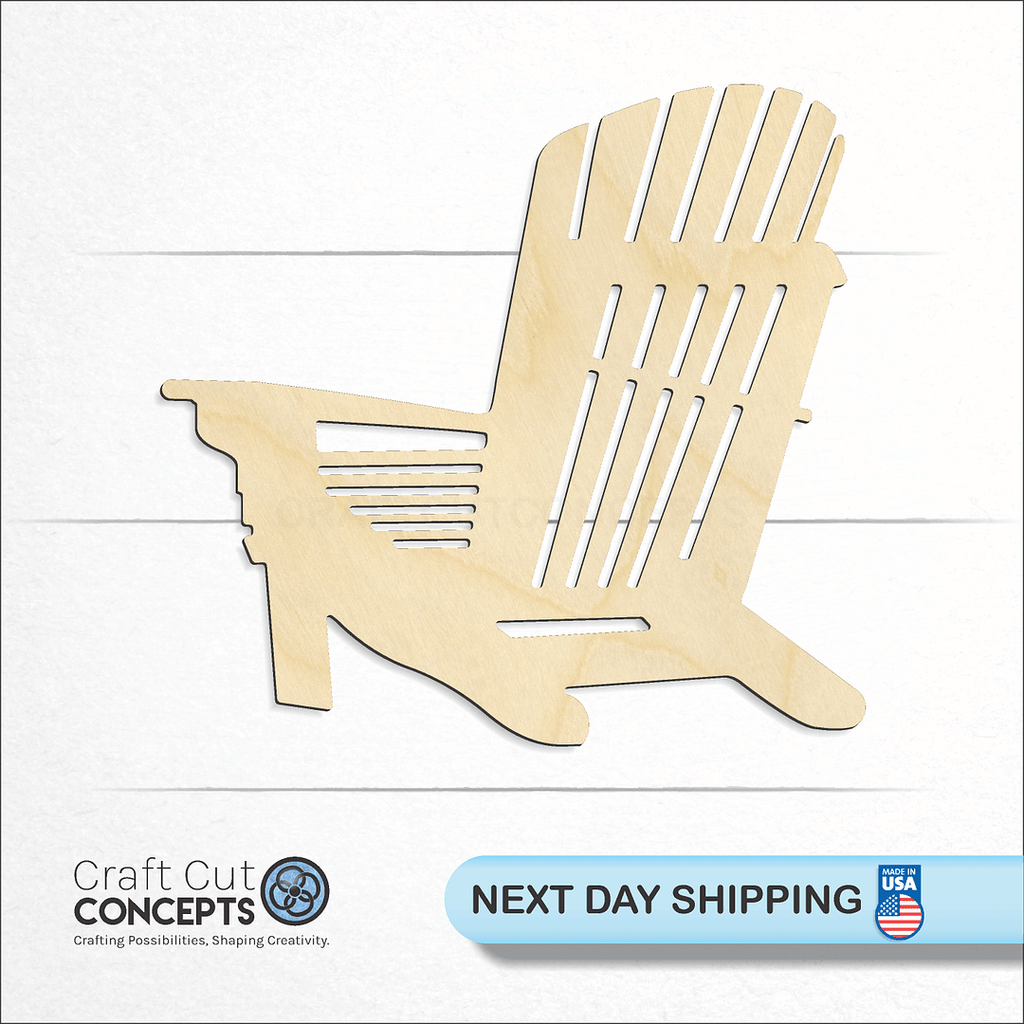 Craft Cut Concepts logo and next day shipping banner with an unfinished wood Adirondack Chair craft shape and blank