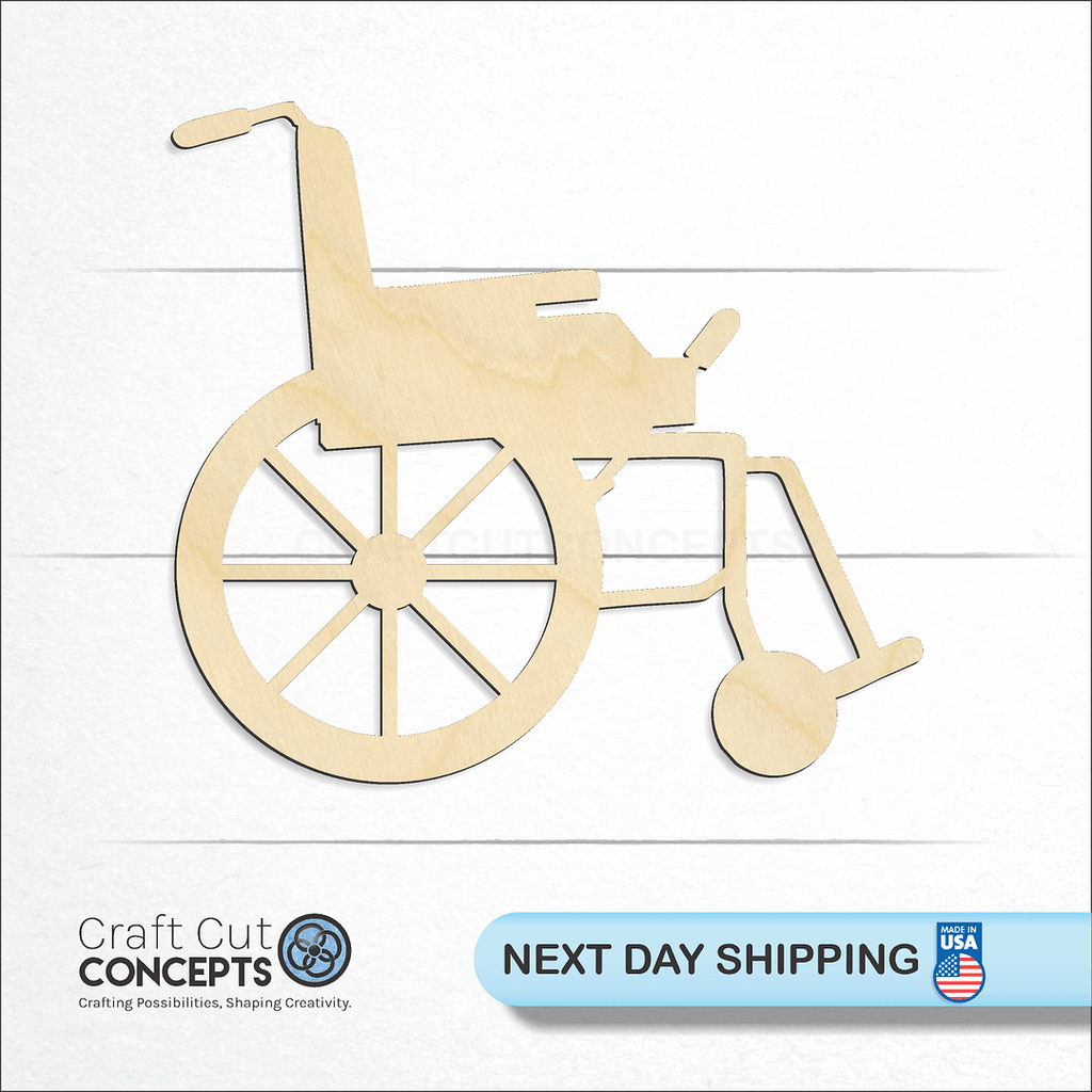 Craft Cut Concepts logo and next day shipping banner with an unfinished wood Wheel Chair craft shape and blank