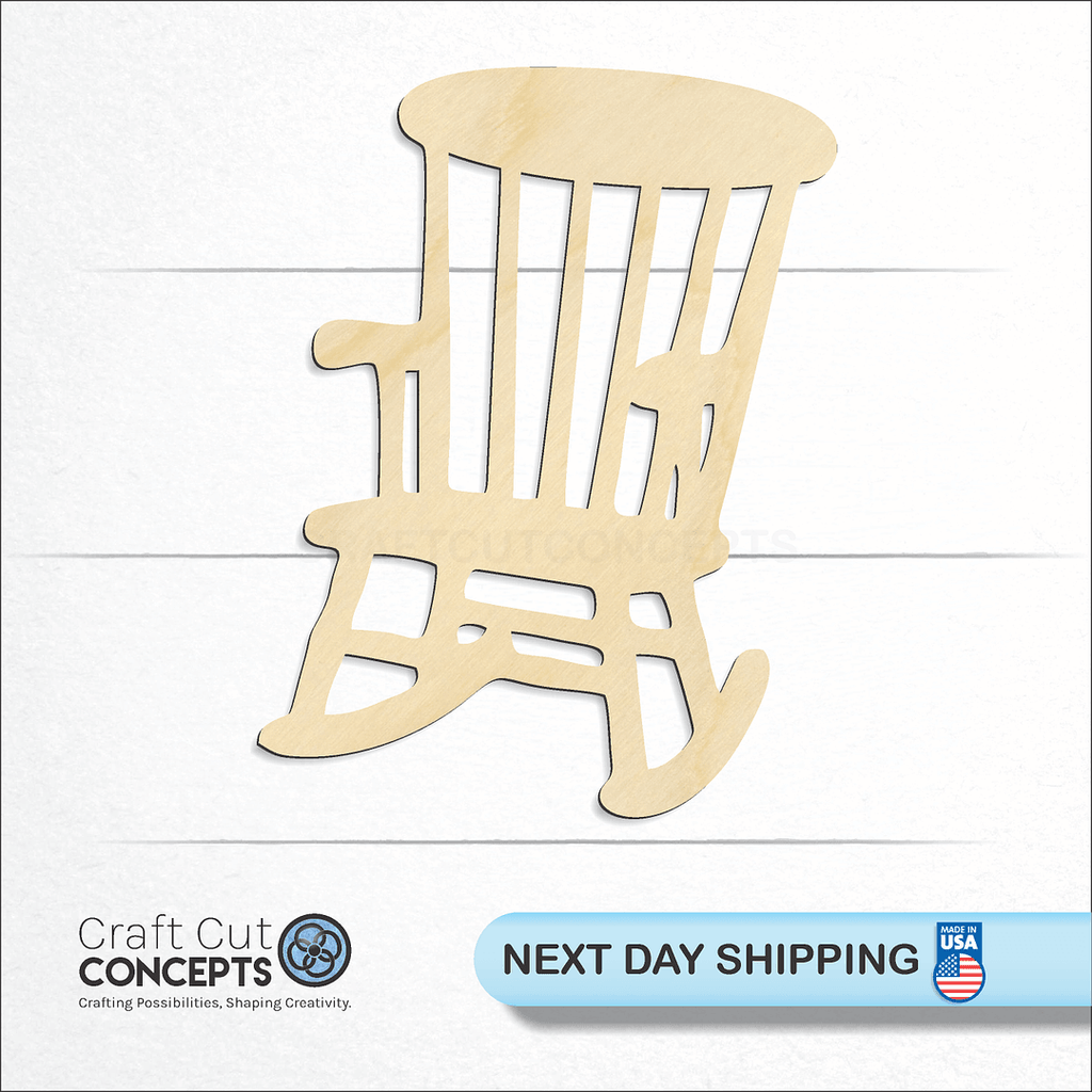 Craft Cut Concepts logo and next day shipping banner with an unfinished wood Rocking Chair craft shape and blank