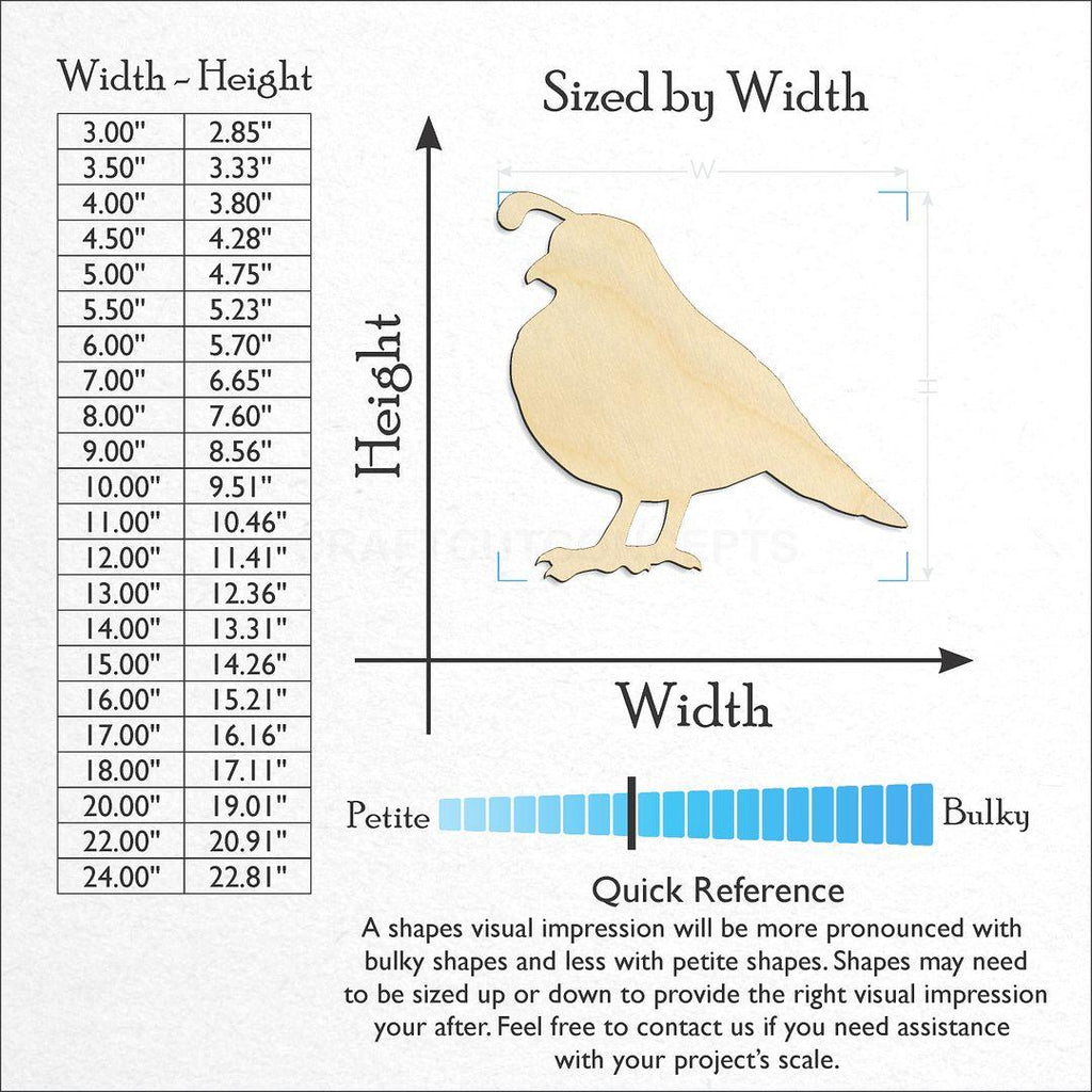 Sizes available for a laser cut Quail Bird craft blank