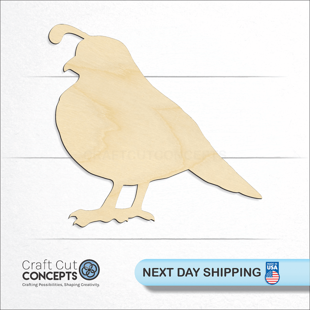 Craft Cut Concepts logo and next day shipping banner with an unfinished wood Quail Bird craft shape and blank