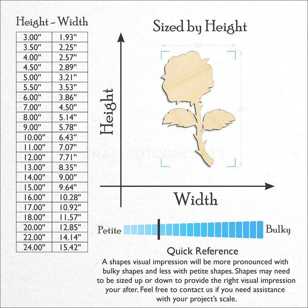 Sizes available for a laser cut Rose with stem craft blank