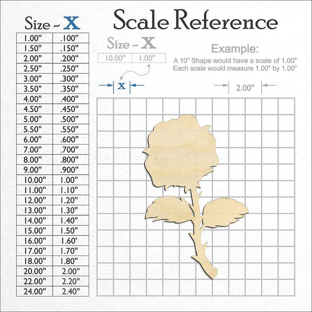 A scale and graph image showing a wood Rose with stem craft blank