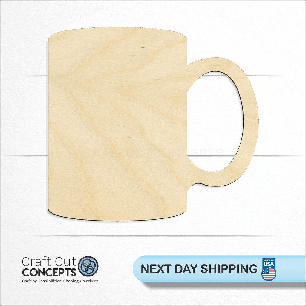 Craft Cut Concepts logo and next day shipping banner with an unfinished wood Tall Coffee Cup craft shape and blank