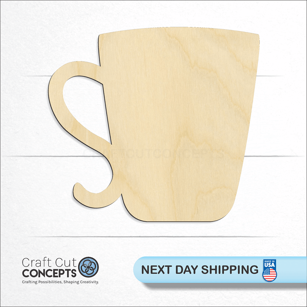 Craft Cut Concepts logo and next day shipping banner with an unfinished wood Coffee Cup craft shape and blank