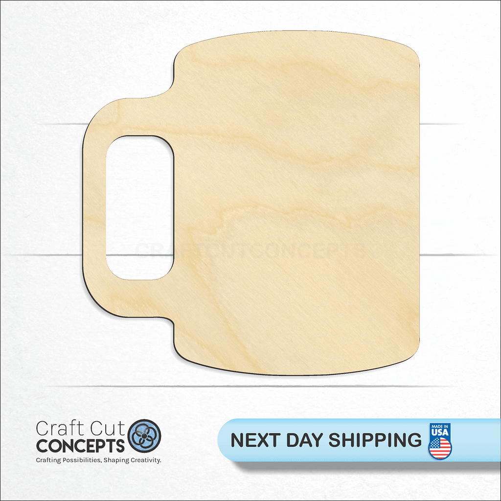 Craft Cut Concepts logo and next day shipping banner with an unfinished wood Tall Coffee Cup craft shape and blank