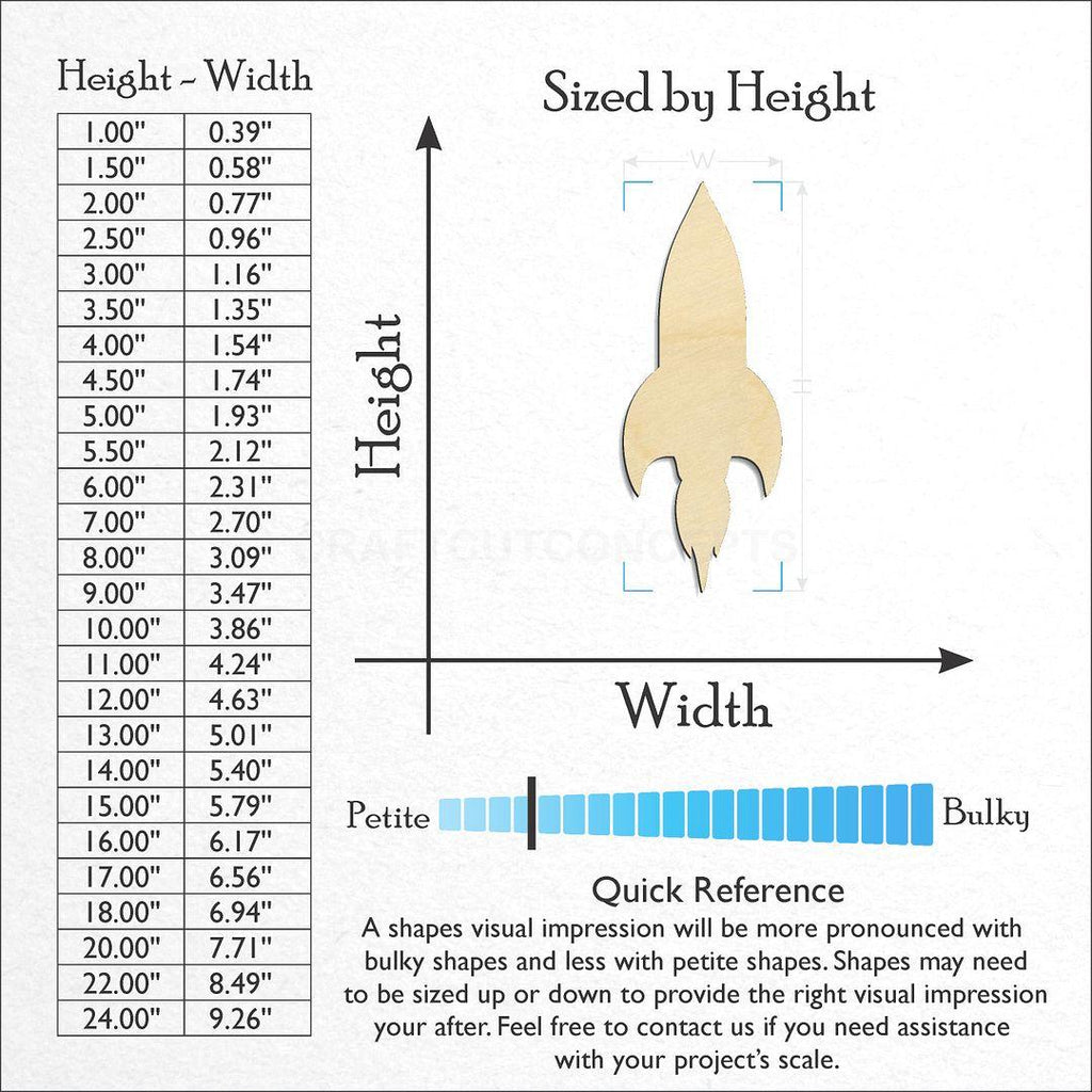 Sizes available for a laser cut Rocket craft blank