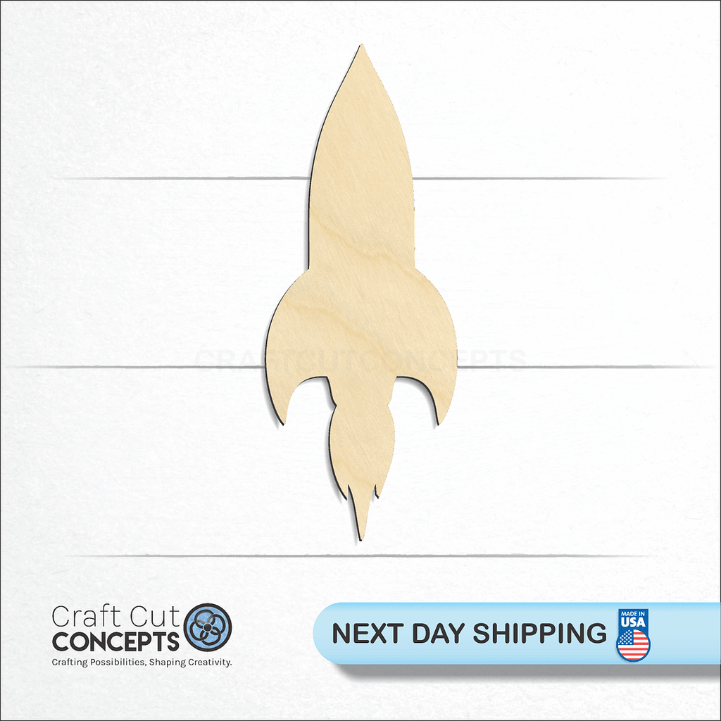 Craft Cut Concepts logo and next day shipping banner with an unfinished wood Rocket craft shape and blank