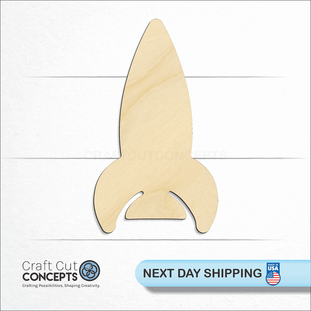 Craft Cut Concepts logo and next day shipping banner with an unfinished wood Rocket craft shape and blank