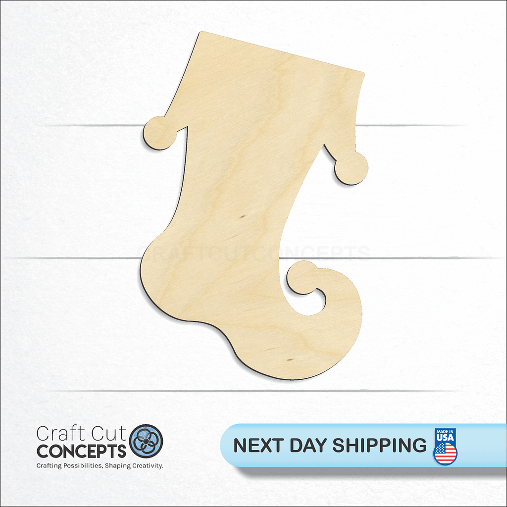 Craft Cut Concepts logo and next day shipping banner with an unfinished wood Christmas Stocking craft shape and blank