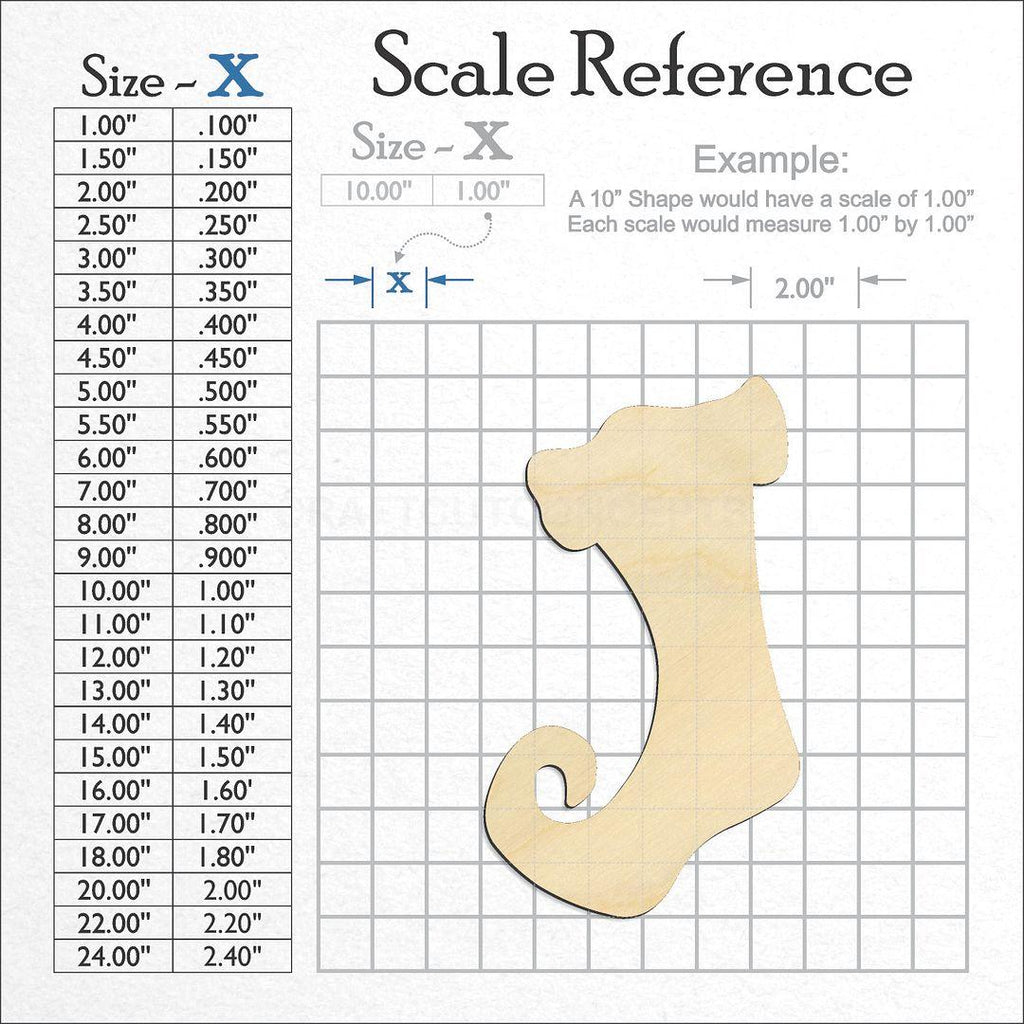 A scale and graph image showing a wood Christmas Stocking craft blank