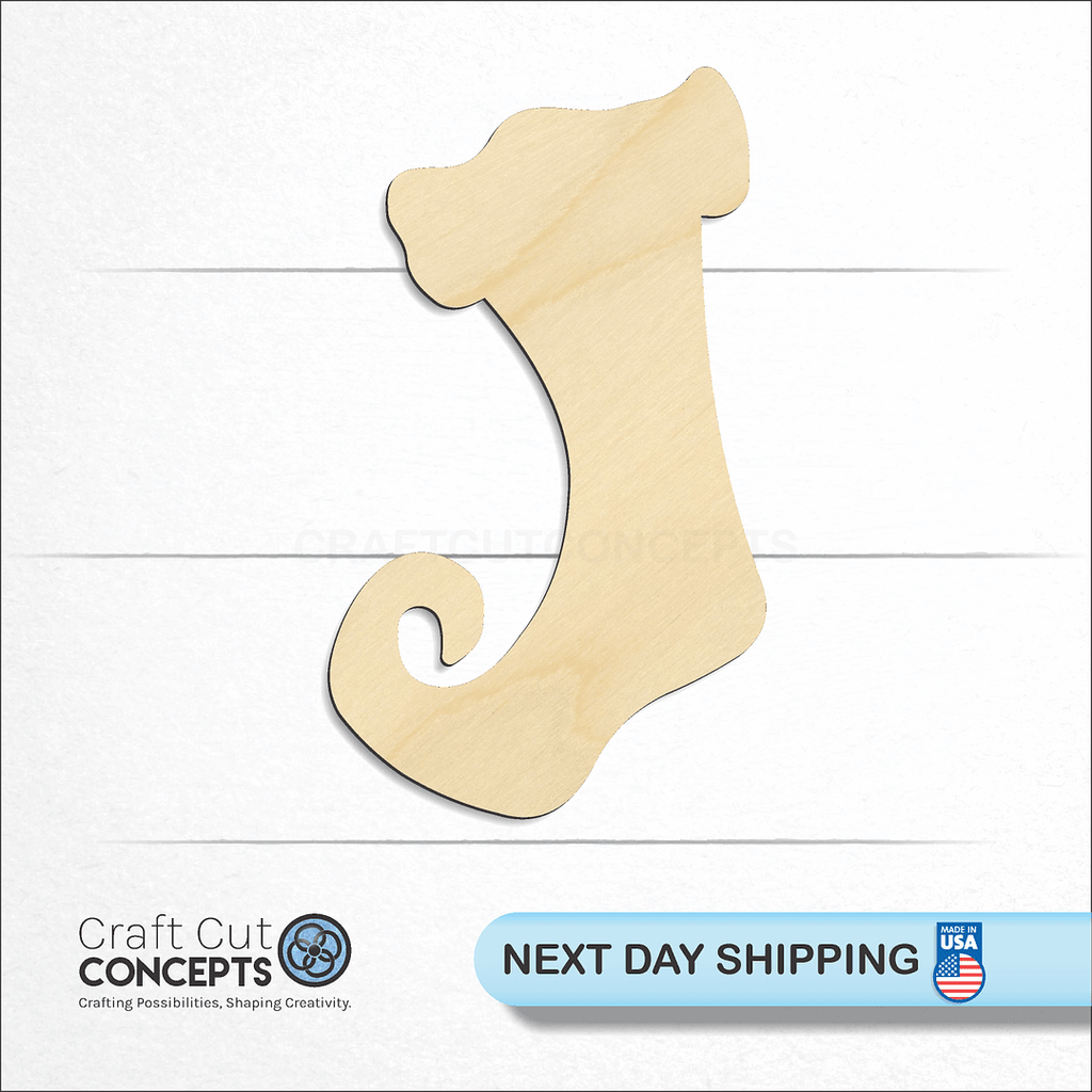 Craft Cut Concepts logo and next day shipping banner with an unfinished wood Christmas Stocking craft shape and blank