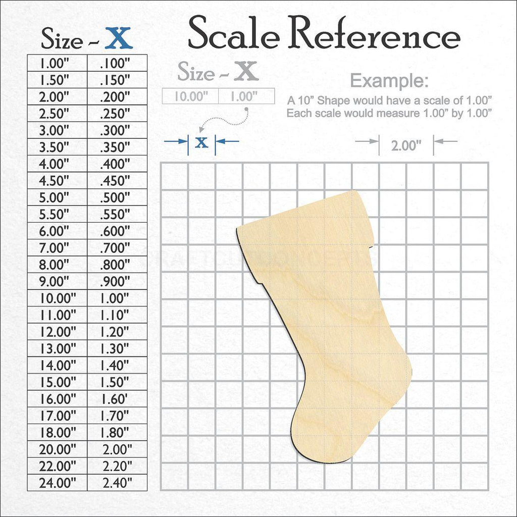 A scale and graph image showing a wood Christmas Stocking craft blank