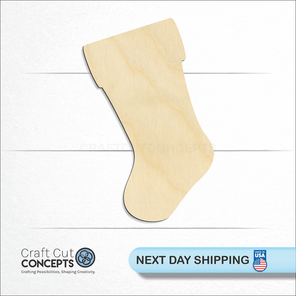 Craft Cut Concepts logo and next day shipping banner with an unfinished wood Christmas Stocking craft shape and blank