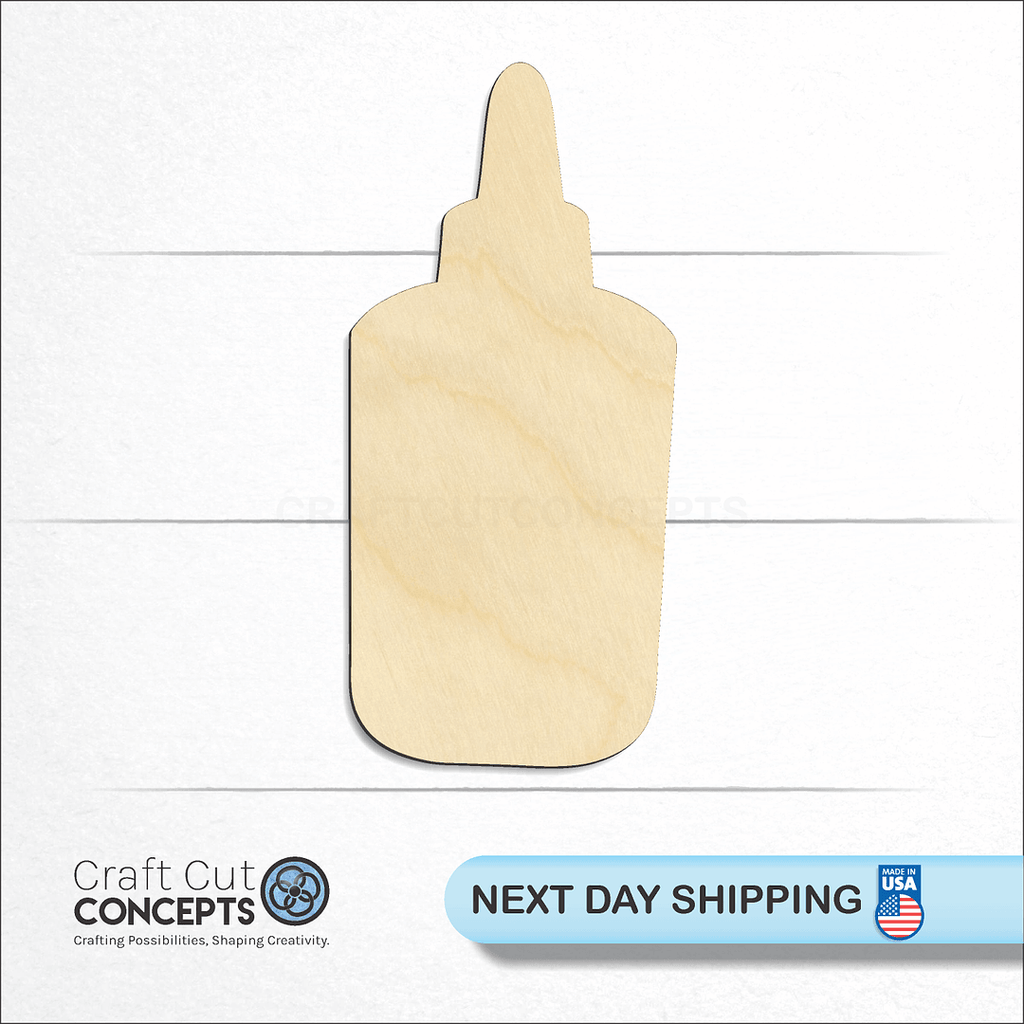 Craft Cut Concepts logo and next day shipping banner with an unfinished wood Glue Bottle craft shape and blank