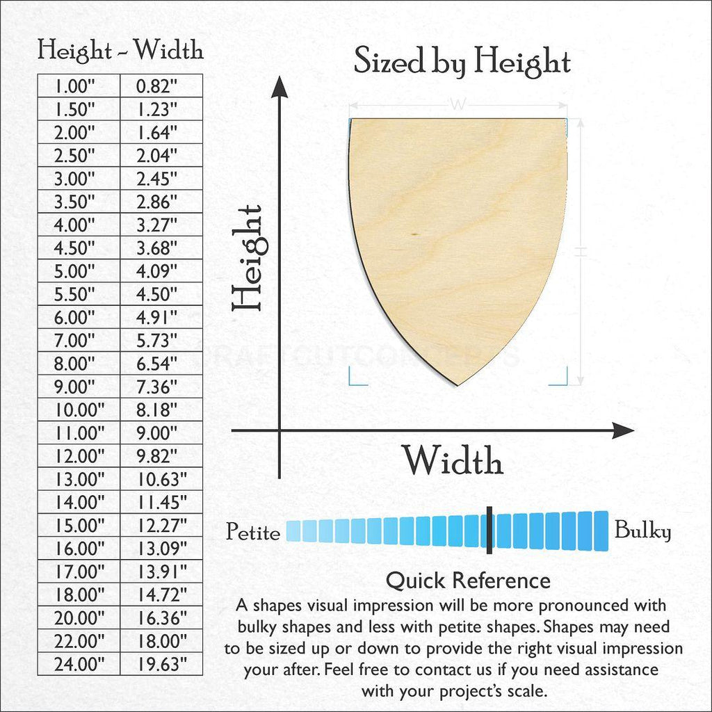 Sizes available for a laser cut Shield Flat Top craft blank