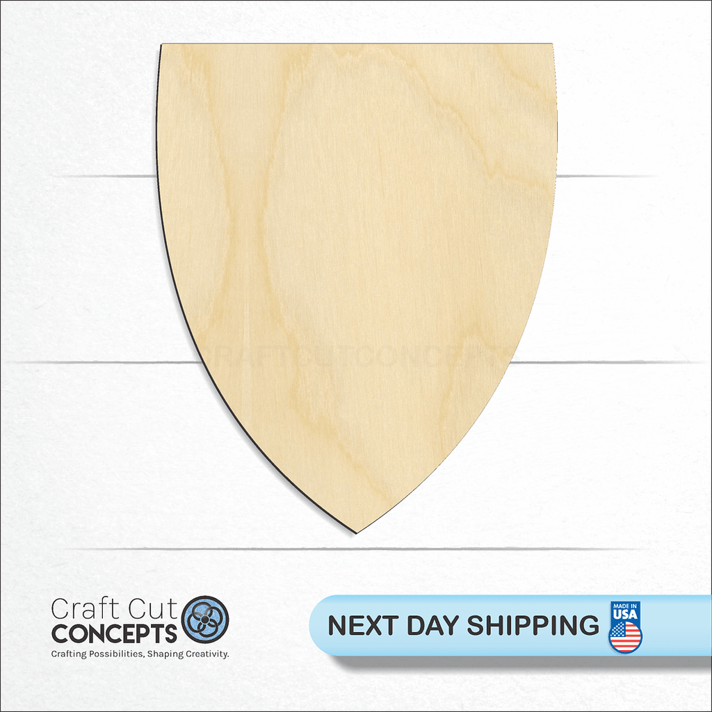 Craft Cut Concepts logo and next day shipping banner with an unfinished wood Shield Flat Top craft shape and blank