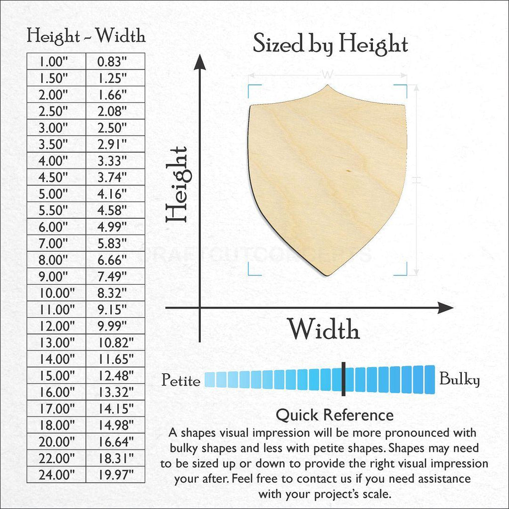 Sizes available for a laser cut Shield craft blank