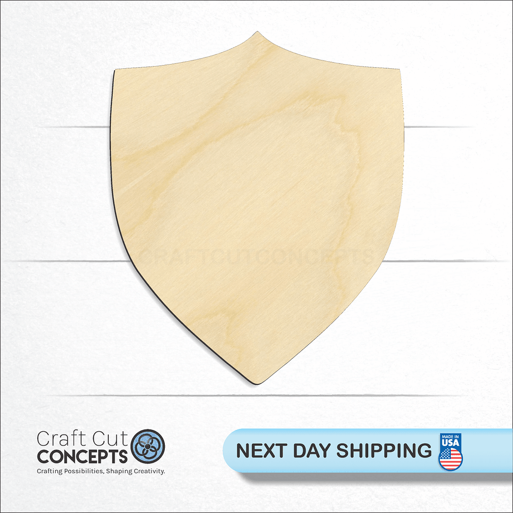 Craft Cut Concepts logo and next day shipping banner with an unfinished wood Shield craft shape and blank