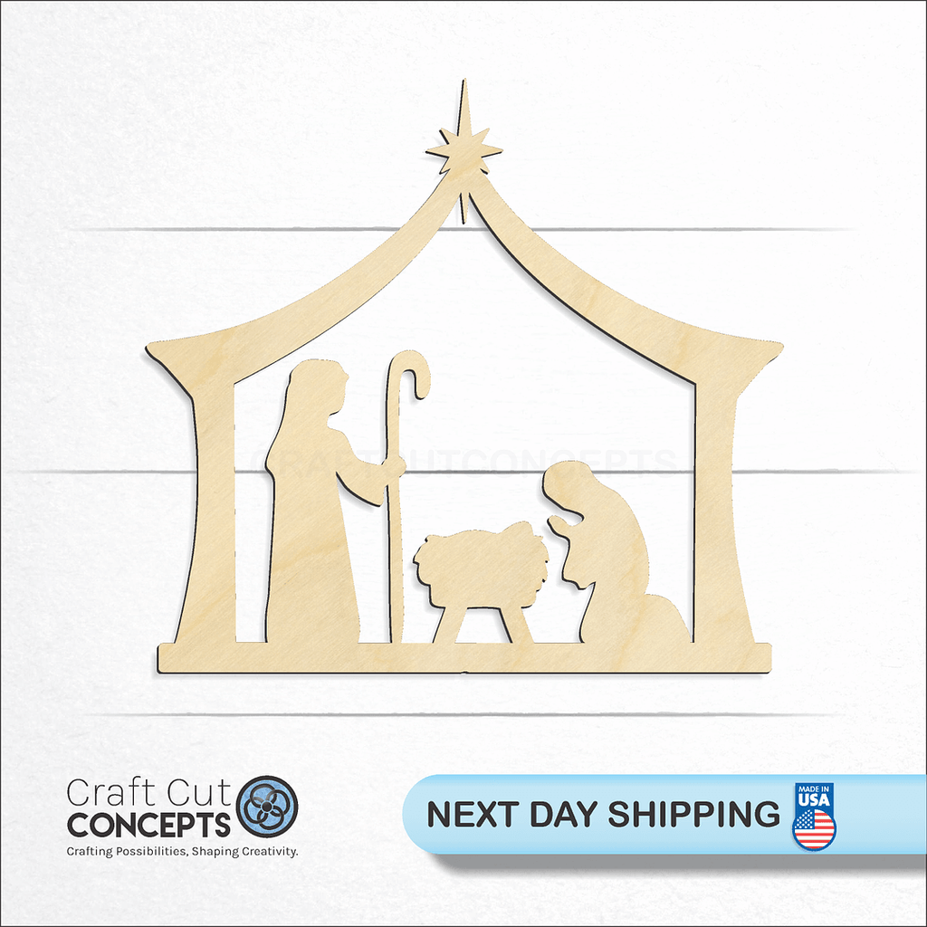 Craft Cut Concepts logo and next day shipping banner with an unfinished wood Nativity Set craft shape and blank