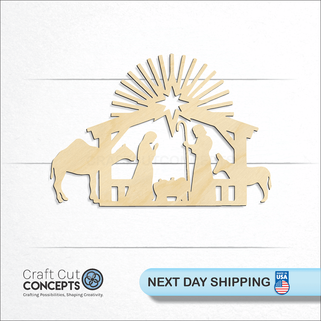 Craft Cut Concepts logo and next day shipping banner with an unfinished wood Nativity Set craft shape and blank