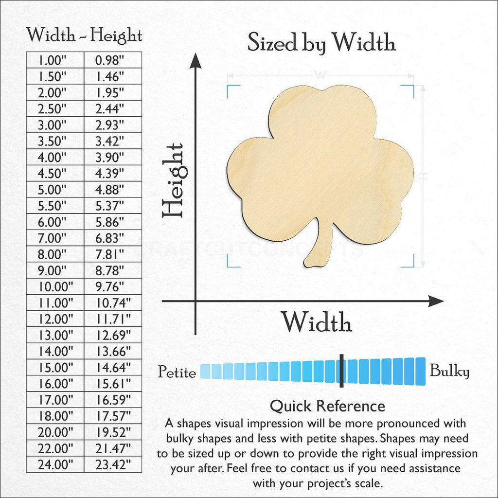 Sizes available for a laser cut Three Leaf Clover craft blank