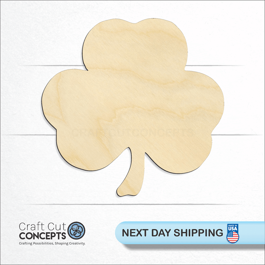 Craft Cut Concepts logo and next day shipping banner with an unfinished wood Three Leaf Clover craft shape and blank