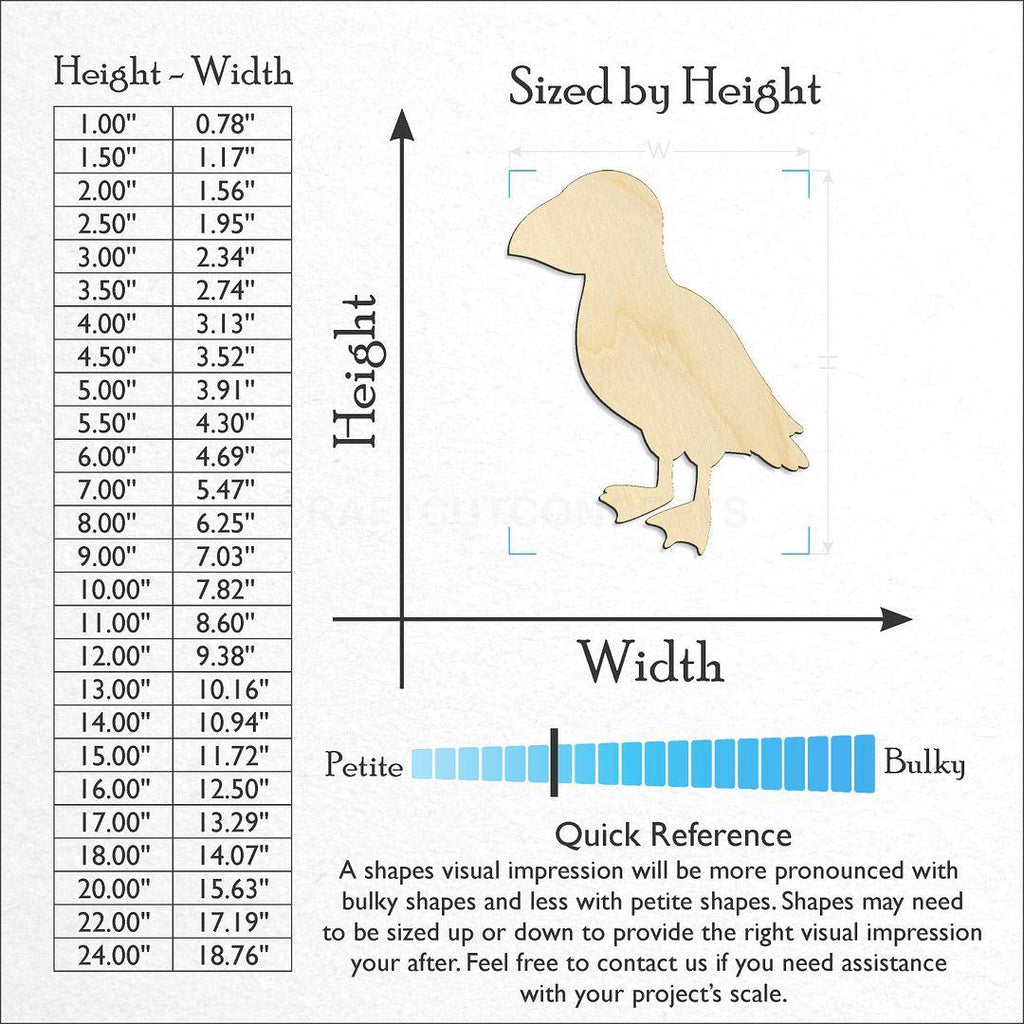 Sizes available for a laser cut Puffin craft blank