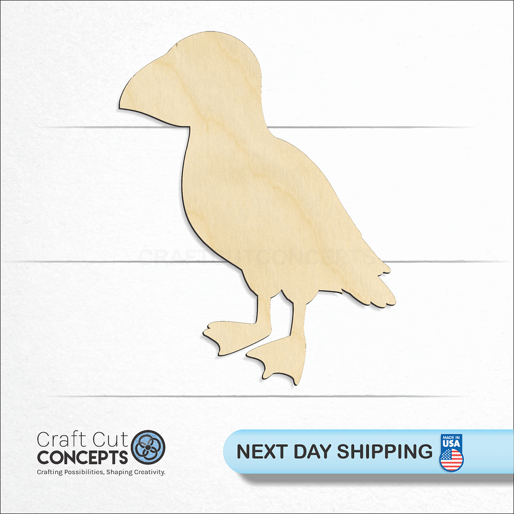 Craft Cut Concepts logo and next day shipping banner with an unfinished wood Puffin craft shape and blank