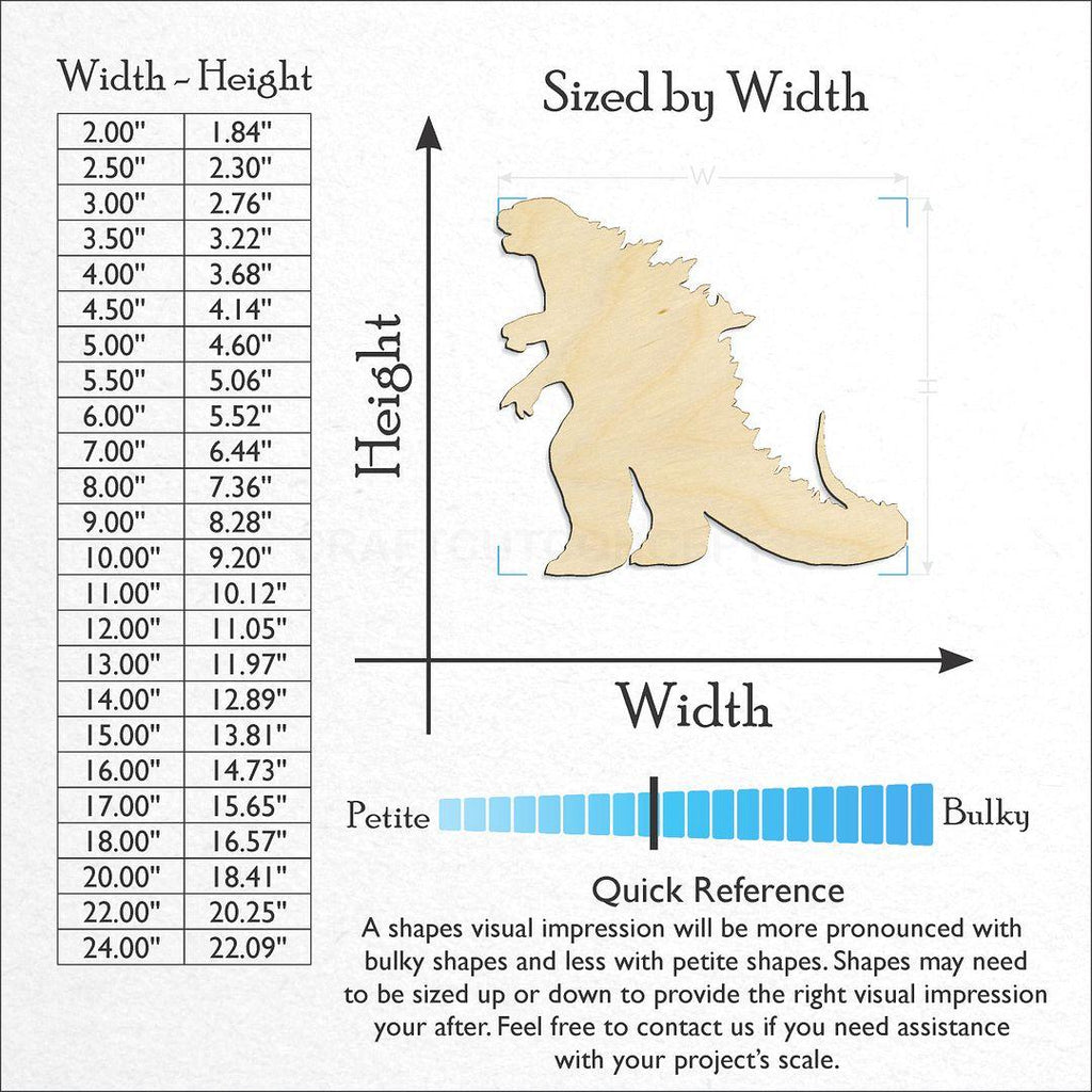 Sizes available for a laser cut Godzilla craft blank