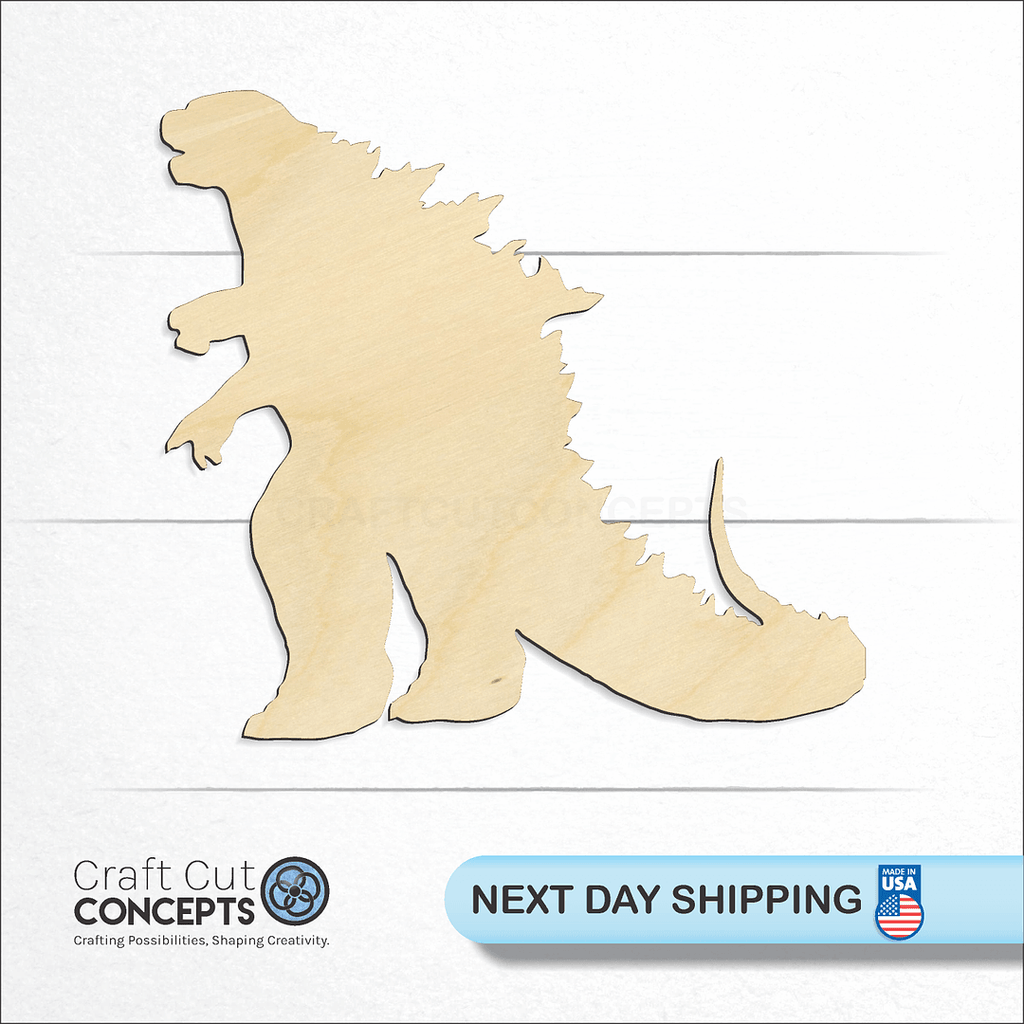 Craft Cut Concepts logo and next day shipping banner with an unfinished wood Godzilla craft shape and blank