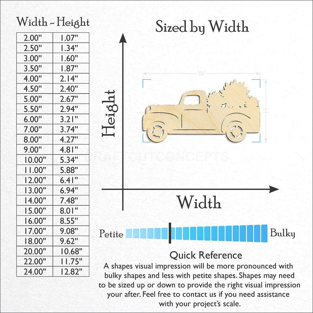 Sizes available for a laser cut Old Truck with SunFlowers craft blank