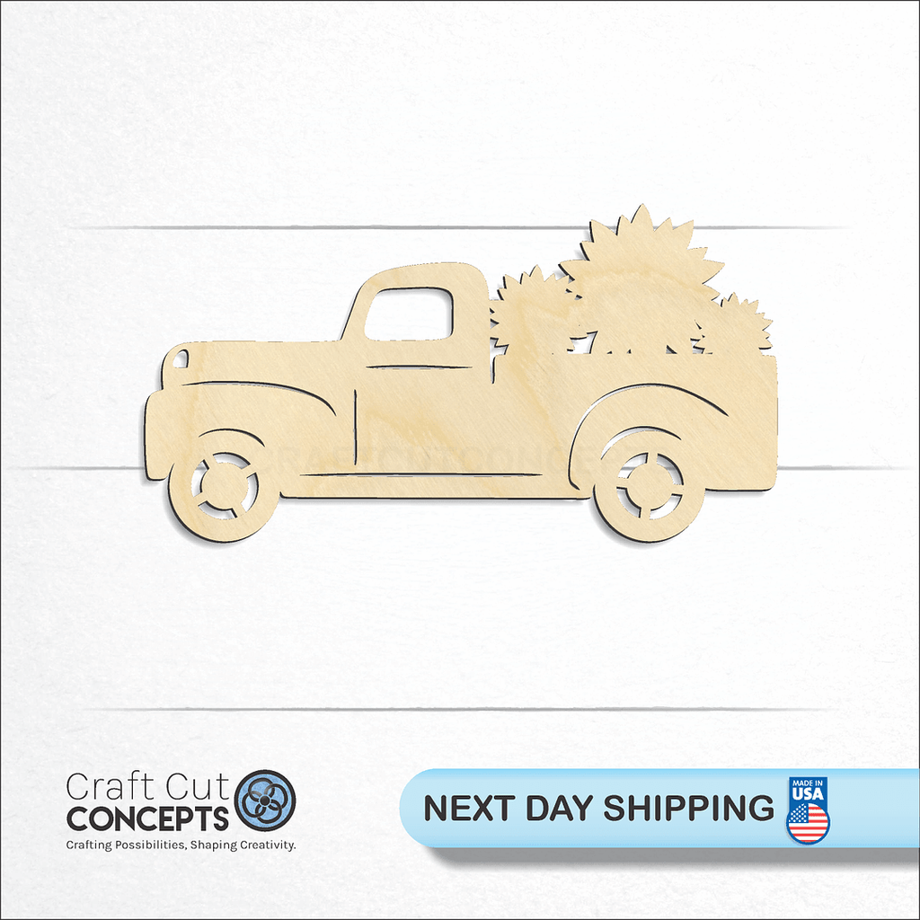 Craft Cut Concepts logo and next day shipping banner with an unfinished wood Old Truck with SunFlowers craft shape and blank