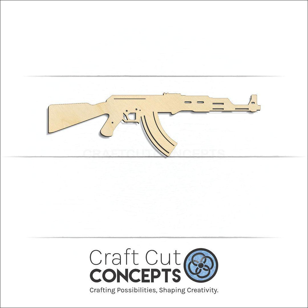 Craft Cut Concepts Logo under a wood AK-47 craft shape and blank